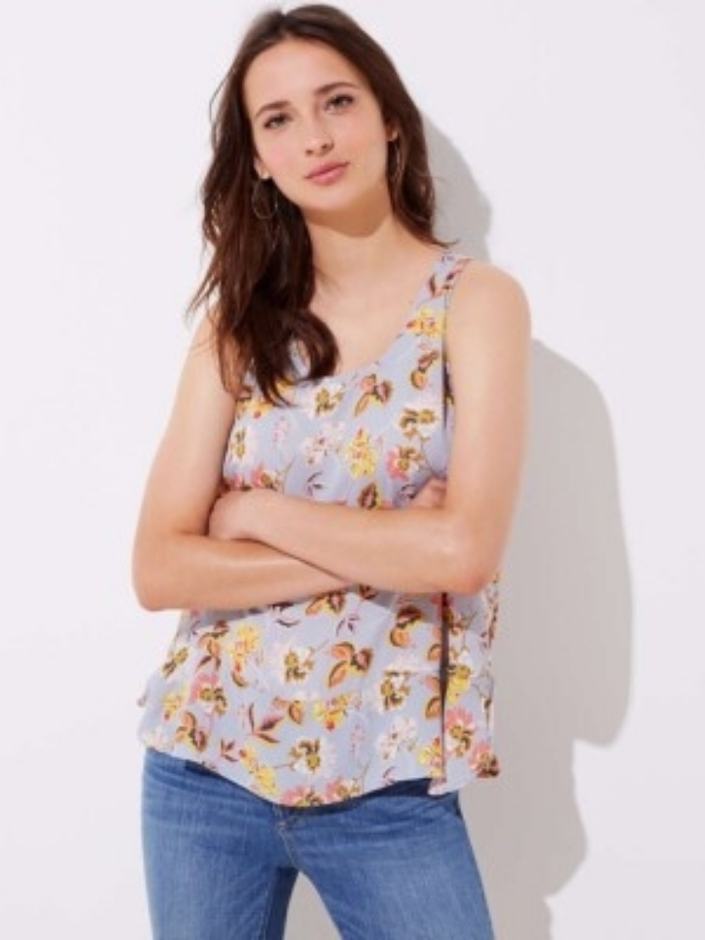 LOFT Women's Floral Sleeveless Blouse - Yellow and Smokey Blue